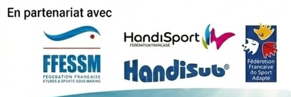 Logos des partenaires : FFESSM, Handisub, Fédération Française Handisport, Fédération Française du Sport Adapté